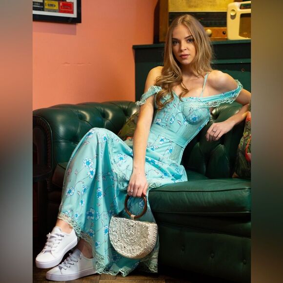 Corset Story Mesh Panel Sleeved Corset Dress in Turquoise Green S NWT - Picture 1 of 16